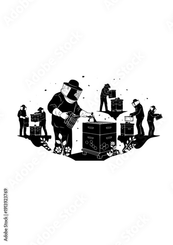 Urban beekeeper inspecting hive sustainable nature and biodiversity silhouette vector