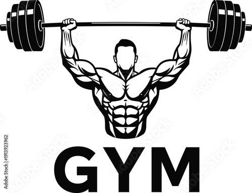 Powerful muscular bodybuilder silhouette lifting heavy barbell over head with bold gym text for fitness center branding, weightlifting motivation, and bodybuilding club graphic design.