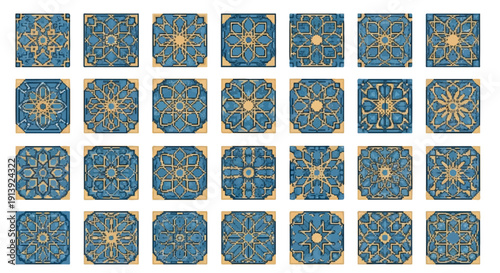 Collection of blue and gold decorative tiles.