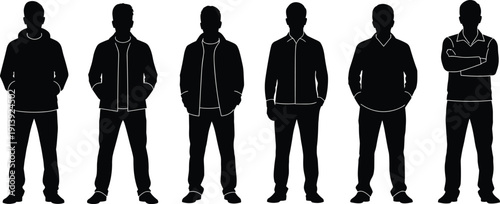 Men standing silhouette set, front view male figures in casual jackets and hoodies, group collection, cad drawing flat vector illustration