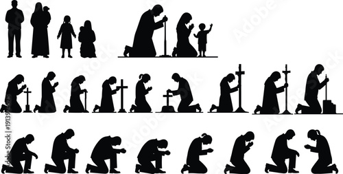People praying silhouette set, kneeling men and women in prayer, Christian family worship, religious cross icons, cad drawing flat vector illustration