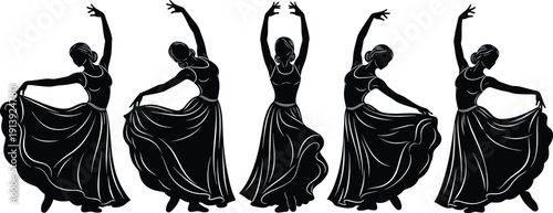 Set of five elegant female flamenco dancer silhouettes in black flowing dresses performing traditional Spanish folk dance moves isolated on white background vector illustration