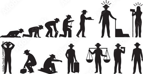 Various occupations and daily activities in black silhouettes