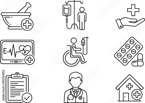 Healthcare Medical Line Icons Set Including IV Therapy Patient Care Hospital Services Doctor Home Treatment and Medicine Outline Vector Collection