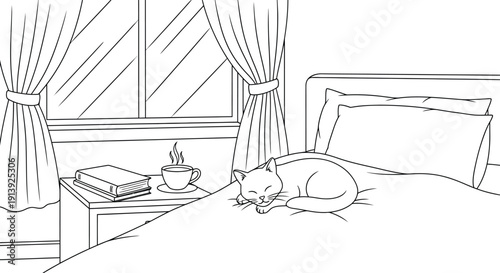 Serene cat sleeping peacefully on cozy bed beside steaming coffee
