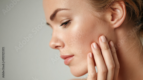 Young woman touching her smooth face with natural makeup and soft expression