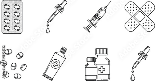 Medical Supplies Line Icons Set with Syringe Pills Dropper Bandage Medicine Bottles and Ointment Tube Healthcare Vector Collection