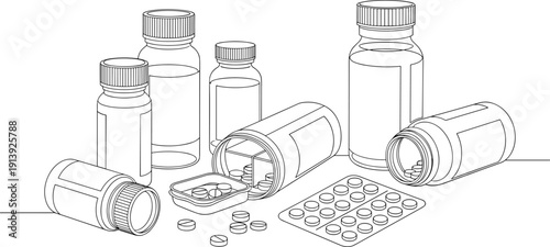 Medicine Bottles and Blister Pack Line Art Illustration Pharmaceutical Drugs Tablets Healthcare Treatment Concept Medical Outline Vector Design