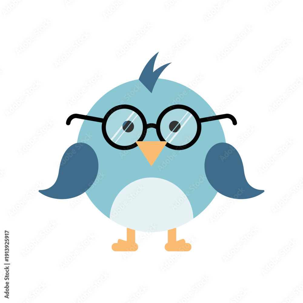 Fototapeta premium Cute cartoon blue bird wearing glasses, funny, smart, and adorable character illustration