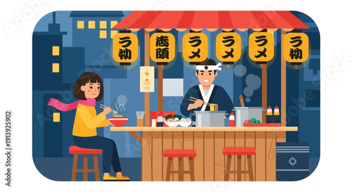 Modern flat vector illustration of woman eating ramen at Japanese street food stall in Tokyo alley with lanterns and night city atmosphere, showcasing authentic Asian traditional cuisine culture 