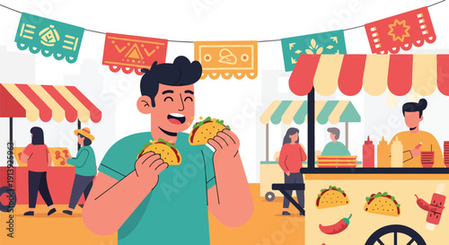 Flat vector illustration of man eating tacos at vibrant Mexican street market with festive decorations and sunny plaza background, celebrating authentic Latin traditional food culture and travel lifes