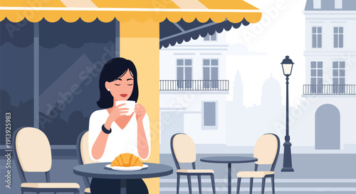 Modern flat vector illustration of woman eating croissant and coffee at Paris sidewalk café with European street background, highlighting traditional French breakfast culture and travel lifestyle