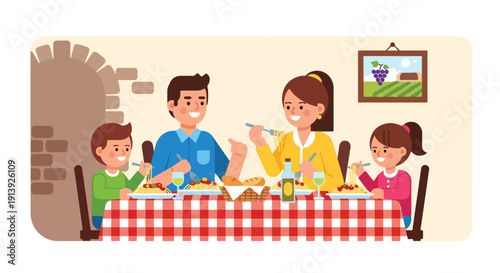 Flat vector illustration of family eating pasta at traditional Italian restaurant with rustic interior and warm dining atmosphere, celebrating authentic Mediterranean cuisine culture