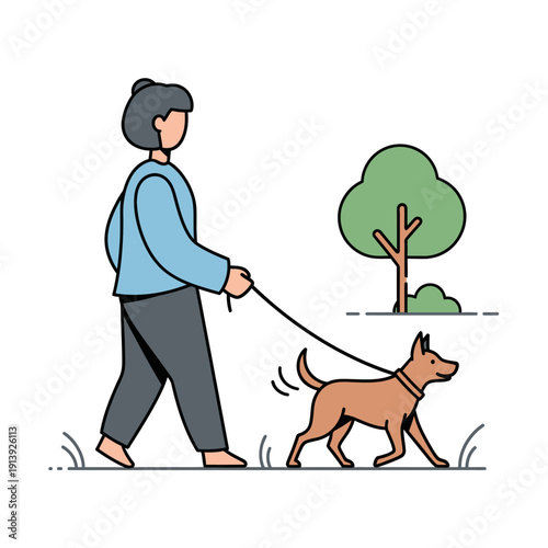Person walking a dog in a park with a tree and grass