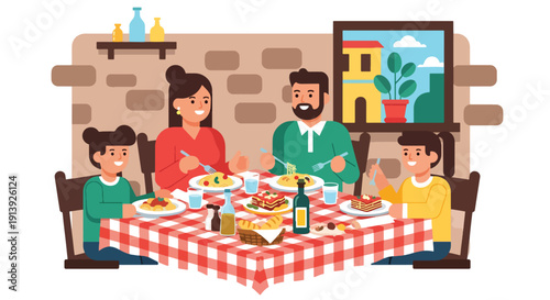 Flat vector illustration of family eating pasta at traditional Italian restaurant with rustic interior and warm dining atmosphere, celebrating authentic Mediterranean cuisine culture