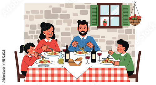 Flat vector illustration of family eating pasta at traditional Italian restaurant with rustic interior and warm dining atmosphere, celebrating authentic Mediterranean cuisine culture