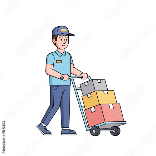Delivery man pushing a cart with boxes, logistics and shipping concept