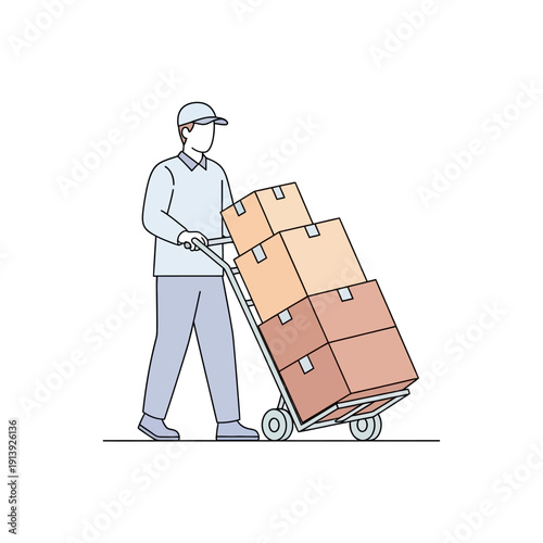 Delivery man pushing a trolley stacked with cardboard boxes, logistics and shipping concept