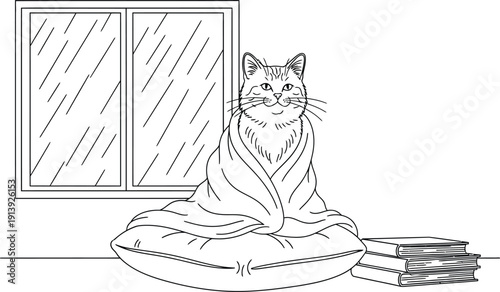 Cozy cat sitting on cushion by window with books