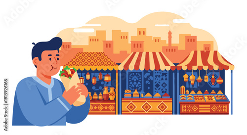 Modern flat vector illustration of man eating kebab wrap near Middle Eastern bazaar with spice market and warm city background, highlighting traditional Arabic street food culture.