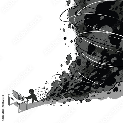 Digital Burnout: Person fleeing desk and laptop as a massive black smoke vortex erupts, symbolizing stress, chaos, and IT disaster.
