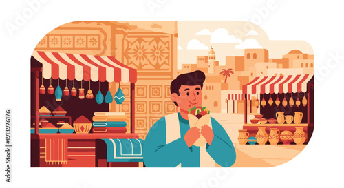 Modern flat vector illustration of man eating kebab wrap near Middle Eastern bazaar with spice market and warm city background, highlighting traditional Arabic street food culture.