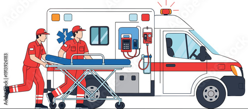 Paramedics Loading Patient on Stretcher into Ambulance Emergency Medical Transport Healthcare Rescue Service Flat Vector Illustration
