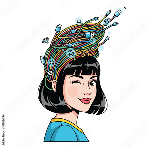Digital Brain Woman: Cartoon portrait of a winking female head tangled in colorful computer cables, symbolizing connectivity, AI, and information overload.