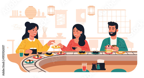 Modern flat vector illustration of friends eating sushi at Japanese restaurant with minimalist interior, celebrating traditional seafood cuisine and global food culture