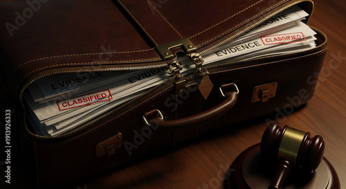 Wallpaper Mural Attorney's briefcase with classified evidence documents and gavel on wooden desk Torontodigital.ca