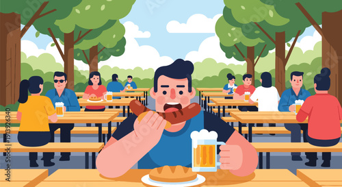 Modern flat vector illustration of man eating bratwurst at outdoor German beer garden with wooden tables and trees, celebrating traditional European cuisine culture