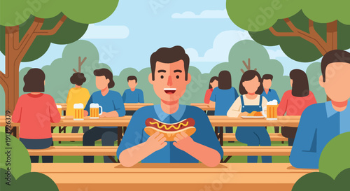 Modern flat vector illustration of man eating bratwurst at outdoor German beer garden with wooden tables and trees, celebrating traditional European cuisine culture