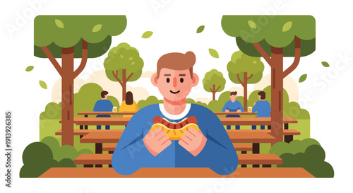 Modern flat vector illustration of man eating bratwurst at outdoor German beer garden with wooden tables and trees, celebrating traditional European cuisine culture