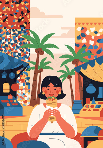 Flat vector illustration of woman eating shawarma in North African marketplace with mosaic walls and palm trees, celebrating traditional Middle Eastern cuisine culture