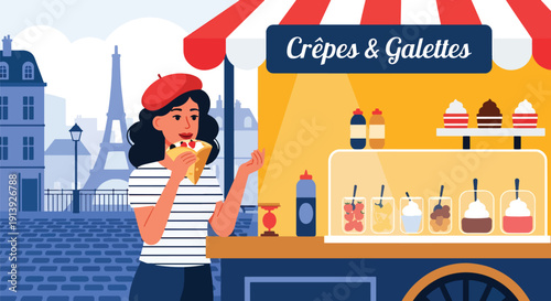 Flat vector illustration of woman eating crepe at Paris street food cart with cobblestone road and café background, highlighting traditional French dessert cuisine