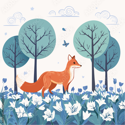 A Serene Woodland Scene Featuring a Whimsical Fox Amidst Blooming White Flowers and Tall Trees