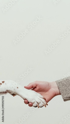 A dog puts his paw on a man's palm. White background. Loop vertical video.