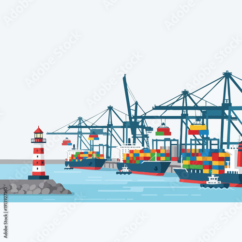 Modern Container Port with Cranes and Cargo Ships at Dock