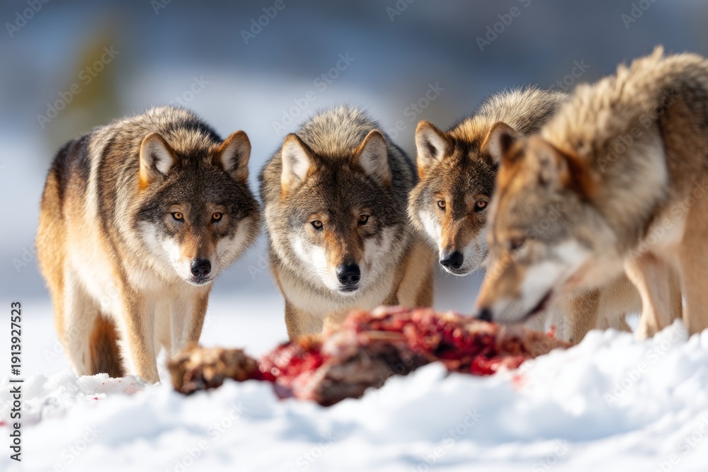 Obraz premium Pack of Wolves Surrounding Carcass in Snowy Terrain Under Bright Sunlight