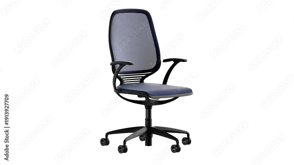 Obraz premium Office chair with blue leather. Isolated side view on transparent PNG background. 