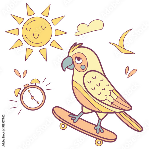 Sunny Mornings colored Parrot with a Bashful touch, placed in a Morning sunshine theme and styled with riding a skateboard