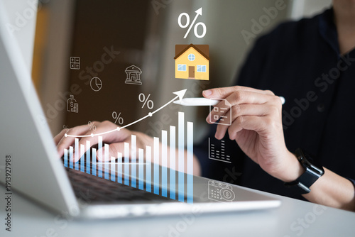 Person focus on asset residential housing tax planning calculating insurance investment mortgage rental yield equity growth portfolio wealth capital valuation market, real estate investment concept