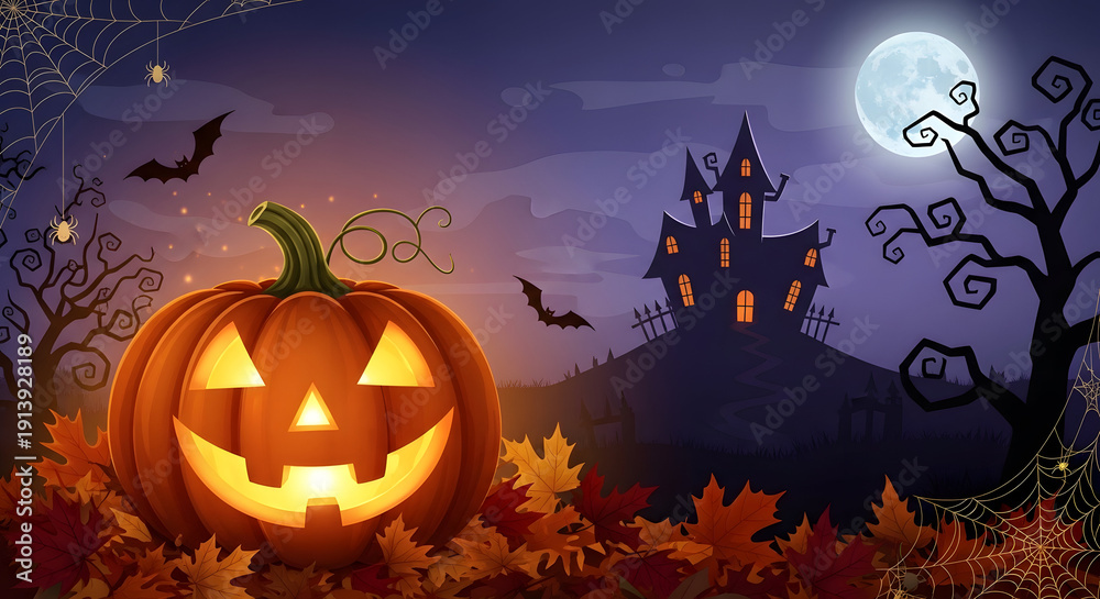Fototapeta premium A spooky halloween scene with a glowing jack o' lantern