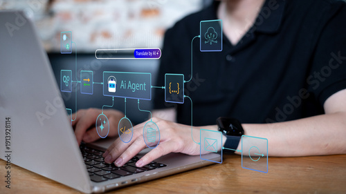 Quadro su tela Person using AI agent workflow automation system technology innovation data anal
