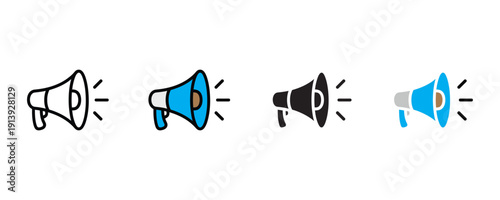 Handheld megaphone and bullhorn speaker icon vector. Portable voice amplifier for public announcement, protest, and emergency symbol set. Vector illustration.