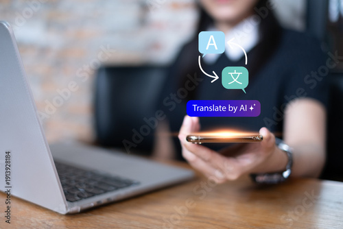 Foto Person using artificial intelligence AI translation international language globa