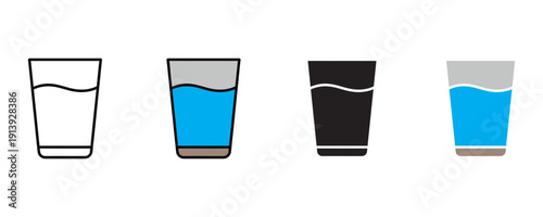 Glass of water and fresh beverage icon vector. Clear drinking liquid for hydration, health, and refreshment symbol set. Vector illustration.