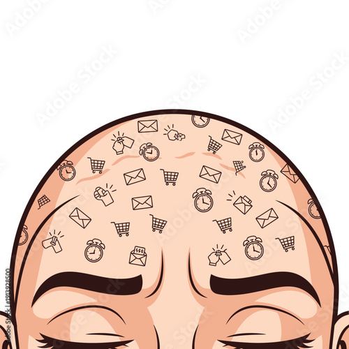 Information Overload Concept: Stress and Digital Burnout with Shopping Cart, Email, and Alarm Clock Icons Covering a Person's Forehead