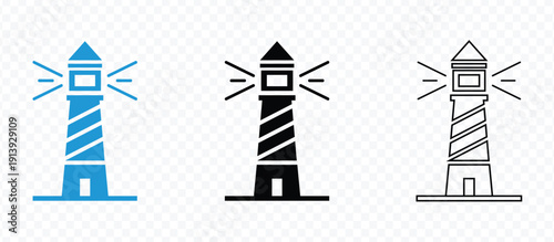 Vector lighthouse icon for website interface, marine navigation, and nautical branding | Lighthouse beacon icon with light rays in flat design style | Maritime navigation lighthouse symbol