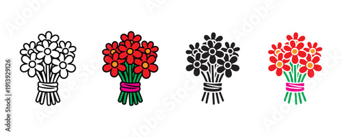Floral flower bouquet and garden blossom icon vector. Decorative red daisy bunch for gift and celebration symbol set. Vector illustration.